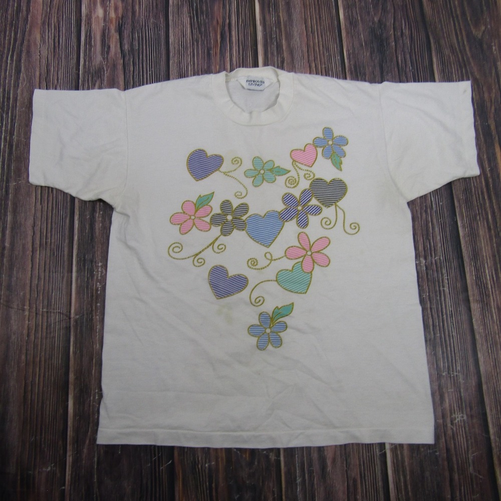 Vintage Improved Living Shirt Mens Medium White Heart Floral Single Stitch Tee